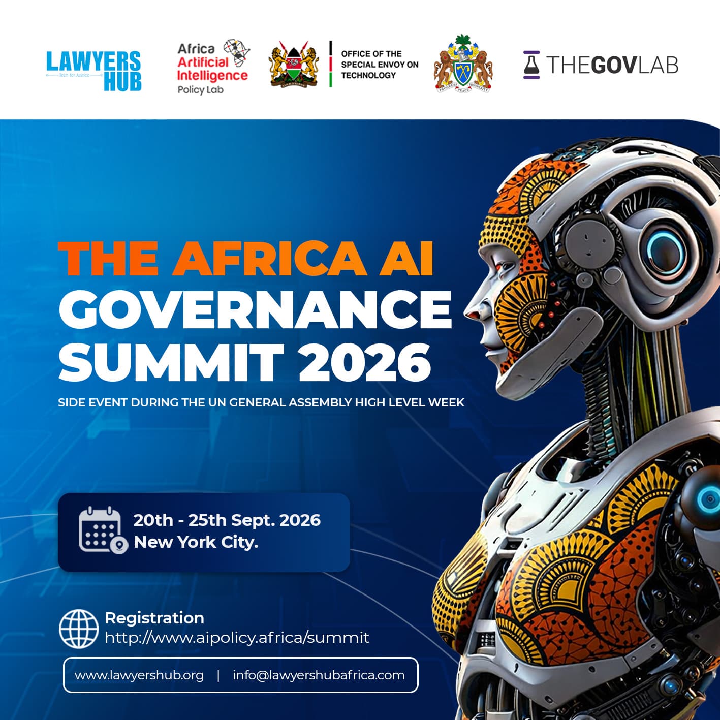 Africa AI Governance Summit 2026 poster showing 20th - 25th September 2026 in New York City